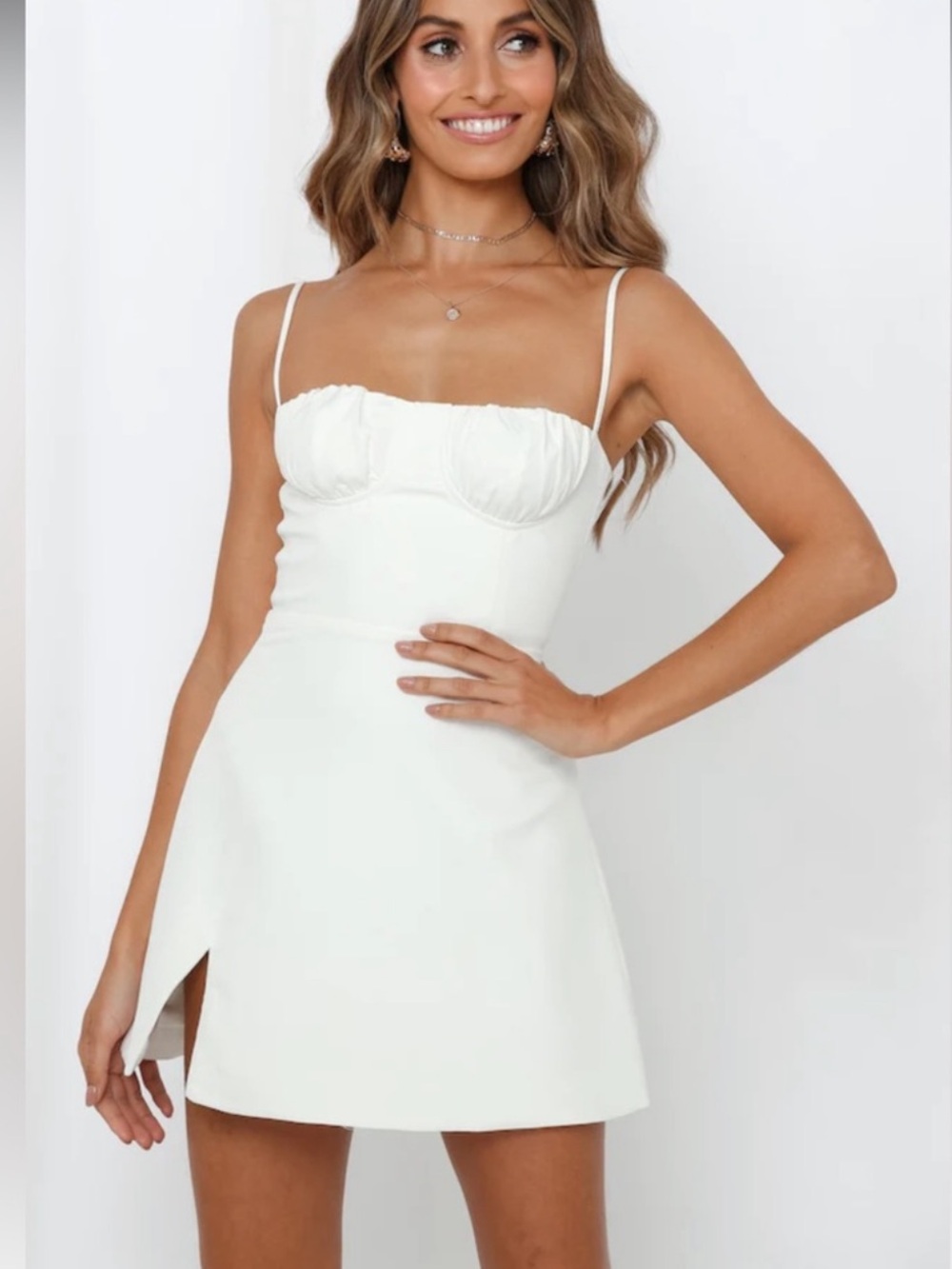 Hello Molly Cream Spaghetti Strap Mini Dress with Side Slit
